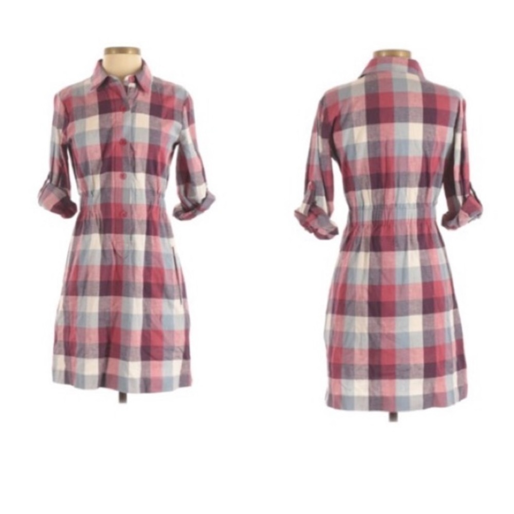 Theory Plaid Cotton Button Down Elastic Waist Red Mini Dress sz M
